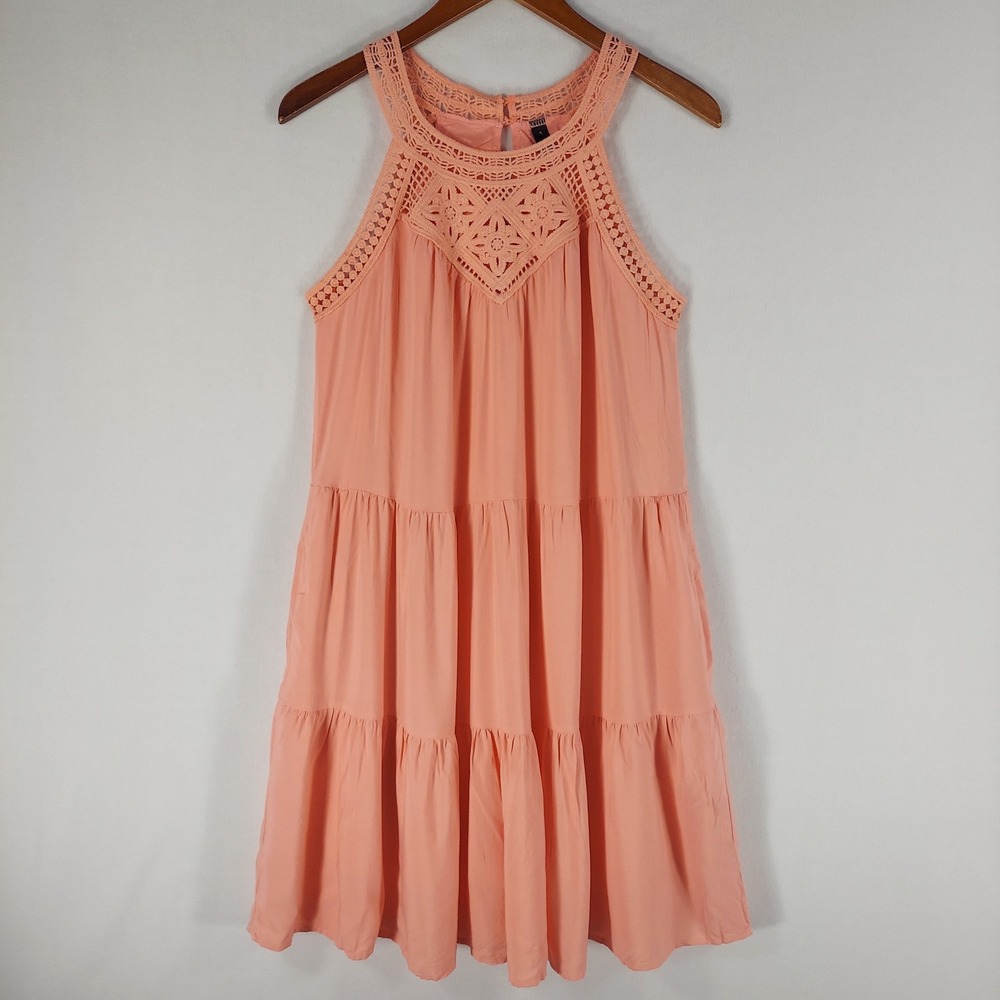 MEROKEETY Crochet Lace Boho Tiered Swing Dress Peach Sleeveless Pockets Beach S